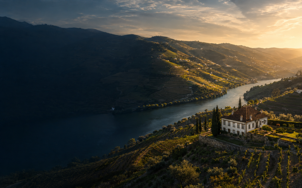 Vista panorâmica do Douro com o rio, vinhas e uma quinta histórica